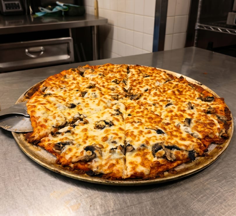 Freshly baked mushroom pizza, sliced and ready to serve on a metal pan in a commercial kitchen.